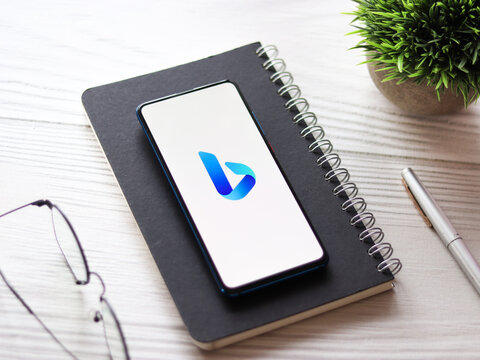 Assam, india - February 19, 2021 : Microsoft Bing logo on phone screen stock image.