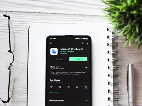Assam, india - February 19, 2021 : Microsoft Bing logo on phone screen stock image.