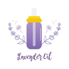 Bottle of lavender oil with doodle style lavender flowering branches vector icon, illustration for aromatherapy and spa design.