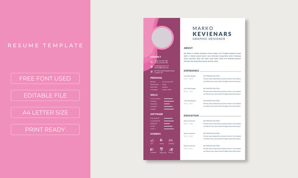Pink curriculum vitae template layout