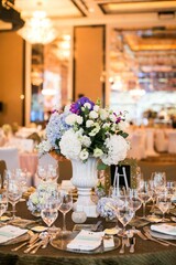 luxury color wedding solemnisation dinner flower florist , dinnerware, cloth and lighting decoration design in hotel and beach