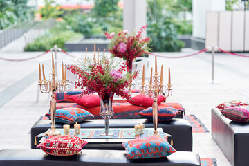 luxury color wedding solemnisation dinner flower florist , dinnerware, cloth and lighting decoration design in hotel and beach