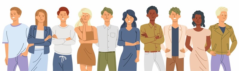 Peoples Smiling. Group portrait of funny smiling people in different poses standing together. Colorful flat style vector illustration.