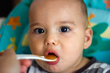 Little baby is spoon fed. Mother feeding her child with baby food - pureed vegetables and fruits