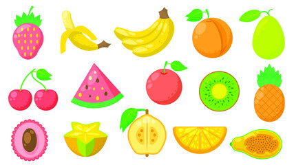 Set Abstract Collection Flat Cartoon  Different Color Fruit Food Concept Vector Design Style Elements With Shadows Taste Banana Kiwi Pineapple Peach Pear Orange Cherry Strawberry Watermelon