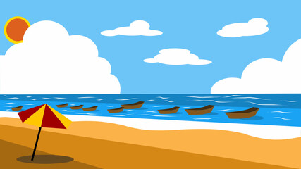 Summer background, vector illustration of  sea, sky and sun. Vacation and travel concept. Umbrella and boat.