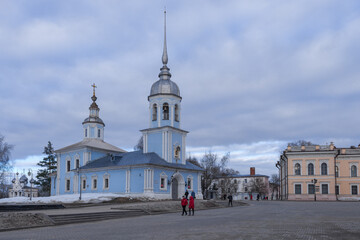 View of the ancient church of Alexander Nevsky on a cloudy March day. Vologda