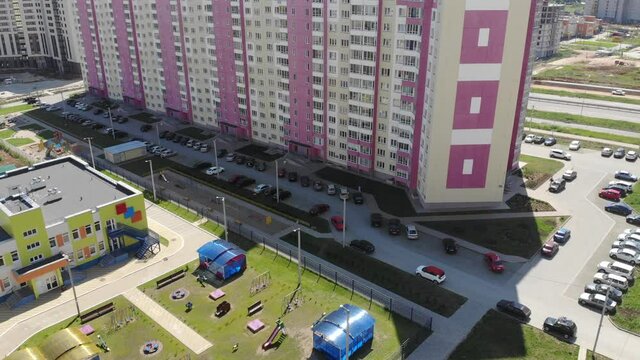 Aerial view of a multi-storey residential building in Chistye Prudy microdistrict (Kirov, Russia)