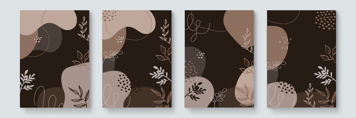 Mid century modern triptych wall art vector. Abstract art background with floral leaves and flower line drawing and watercolor organic shapes hand paint design for wall decor, poster and wallpaper.