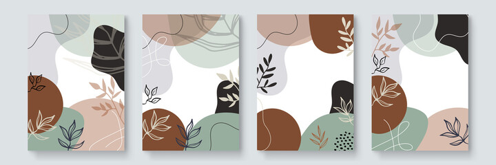 Mid century modern triptych wall art vector. Abstract art background with floral leaves and flower line drawing and watercolor organic shapes hand paint design for wall decor, poster and wallpaper.