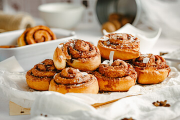 Cinnamon rolls. Cinnamon biscuits witch chocolate. Delicious dessert. 