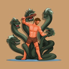 Hercules vs Hydra figure character. Greek classical Mythology story scene illustration vector - obrazy, fototapety, plakaty