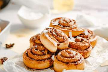 Cinnamon rolls. Cinnamon biscuits witch chocolate. Delicious dessert. 