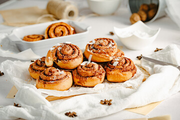 Cinnamon rolls. Cinnamon biscuits witch chocolate. Delicious dessert. 