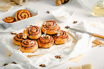 Cinnamon rolls. Cinnamon biscuits witch chocolate. Delicious dessert. 