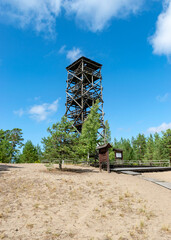 traditional landscape of a wooden observation tower surrounded by pine trees in the forest, Rannametsa vaatetorn, Pärnu county, Estonia