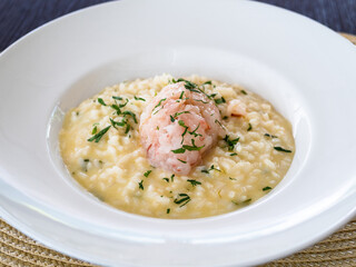 portion of risotto with shrimp tartare in plate