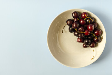 Dark cherry berries in a blue plate close-up. Cherry berries with drops of water kopi space	