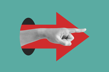 Digital collage modern art. Hand pointing finger, with red arrow - obrazy, fototapety, plakaty