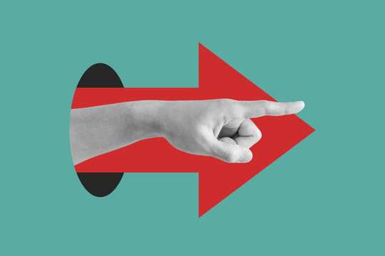 Digital collage modern art. Hand pointing finger, with red arrow