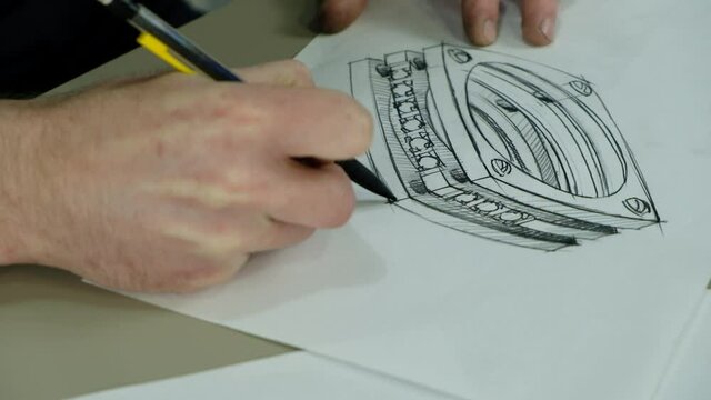 Craft goldsmith work. Portrait of young jeweler drawing a sketch of a new ring. Concept of: wedding, luxury, jewelry