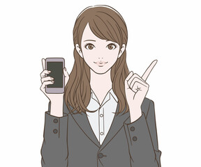 スマートフォンを持ち、人差し指を立てるスーツの女性