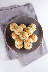 Onde onde, Indonesian traditional snack made from sticky rice flour stuffed with mung bean paste and garnish with sesame seed.