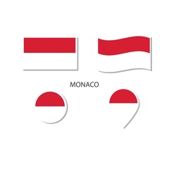 Monaco flag logo icon set, rectangle flat icons, circular shape, marker with flags.