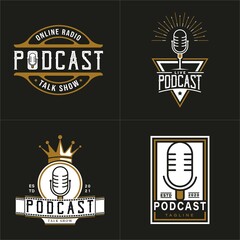 Set of Vintage Retro Logo Style for Podcast Logo. With gold, black, and white Microphone. Premium and Luxury Logo 