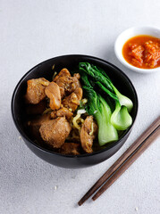 Mie ayam bakso, Indonesian food, noodles with chicken and served with meatballs