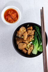 Mie ayam bakso, Indonesian food, noodles with chicken and served with meatballs