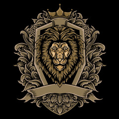 Illustration lion head with engraving style vector
