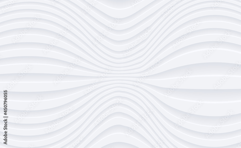 Poster Abstract 3D white wavy background with interesting pattern. Minimalist empty striped blank BG. Halftone monochrome cover with modern elegant minimal color.