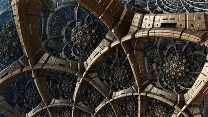 Abstract background 3D, fantastic ancient civilization architecture, gold color render illustration.