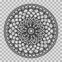 Monochrome mandala ornament outline pattern. Indian geometric art graphic for meditation. Isolated vector illustration.