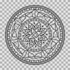 Monochrome mandala ornament outline pattern. Indian geometric art graphic for meditation. Isolated vector illustration.