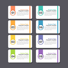 Modern infographics business design with 8 option concepts, parts, steps or processes can be used for workflow layout, diagram, number options, web design. infographic element.