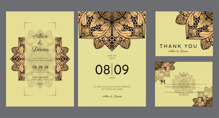 Set of Wedding Invitation, Wedding invitation cards baroque style  gold. Vintage Pattern. Retro Victorian ornament.