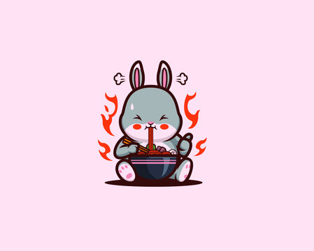 Cartoon abbit eating spicy ramen noodles