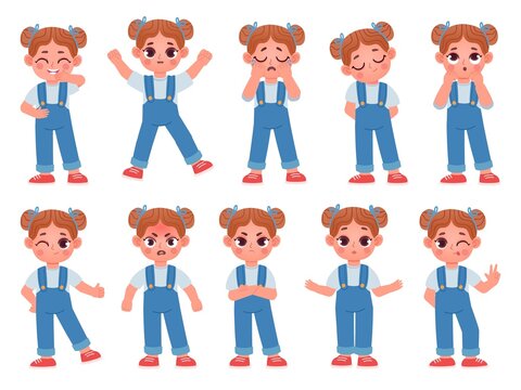 Cartoon cute little girl face emotions and expressions. Kid character feel happy, sad, angry, and surprise, cry, smile and laugh vector set