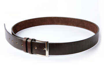Men's leather belt on a white background.