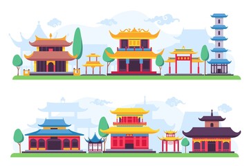 Flat chinatown or ancient chinese city street landscape. Asian old buildings, houses, temples and pagoda. Cartoon china town vector scene