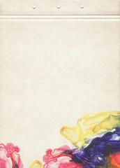 A sheet of notebook stained with multicolored watercolors. Artistic template for creative design.	