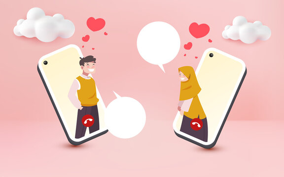 Long Distance Relationship Muslim Couple cute on 3d scane pastel background