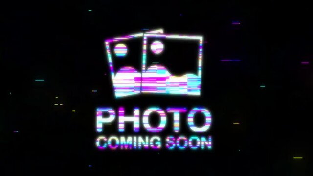 Photo coming soon glitch effect. Picture frame. Motion graphics.