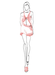 Young beautiful woman in summer clothes. Sale concept. Hand-drawn fashion illustration - 450799405
