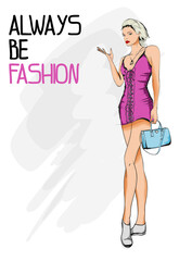 Young beautiful woman in summer clothes. Sale concept. Hand-drawn fashion illustration