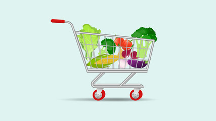 Supermarket Shopping  cart trolley.  Shopping trolley full of vegetables illustration. 
