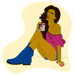 brunette is sitting, a girl with a cup of tea, coffee in her hand. Cozy autumn, winter, it's good to be at home. A long-haired woman in shorts, a T-shirt and shoes. Vector.