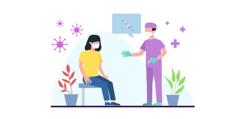 Coronavirus vaccination, doctor injecting a patient, getting first shot of covid vaccine in arm muscle. Medical doctor in protective suit and mask, process of immunization against covid-19, vector